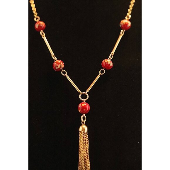 Sarah Coventry Venetian Floral Red Glass Bead Gold-Tone Tassel Necklace - Picture 3 of 11